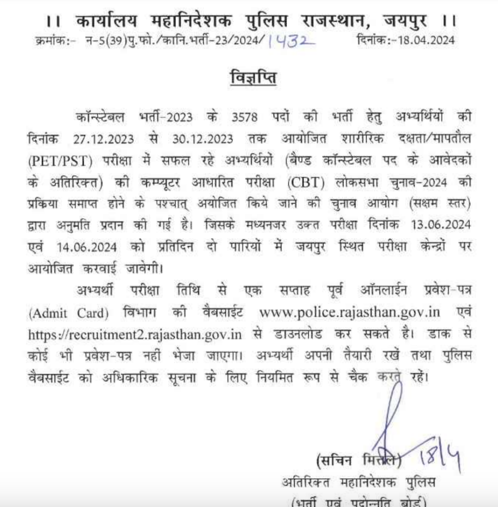 Rajasthan Police Exam Date 2024